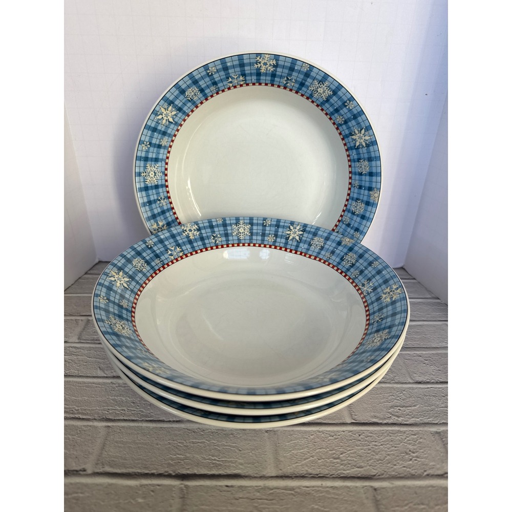 Debbie Mumm Sakura Snowflake Soup Pasta Bowls Set of 4 Blue Plaid Stoneware 7.5"